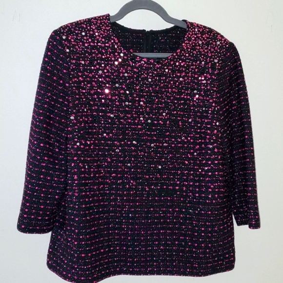 St. John Jackets & Blazers - ST. JOHN  Black Pink Cavier Wool Blend  Knit Sequin Top Jacket Size 14